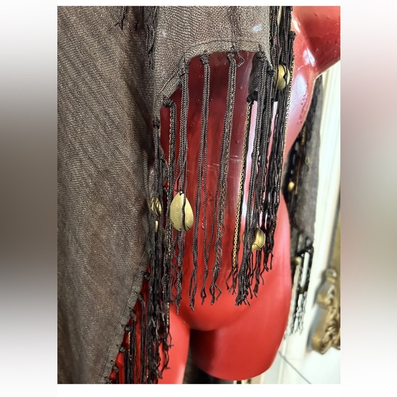 NWT ECHO 100% LINEN DARK BROWN FRINGE METAL BOHO SCARF - SQUARE - 43"X43" NEW - Picture 9 of 12